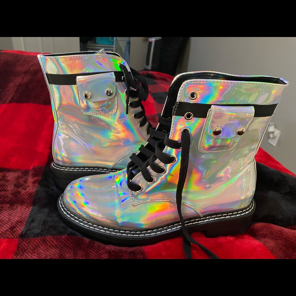 Holographic front lace-up combat boots
